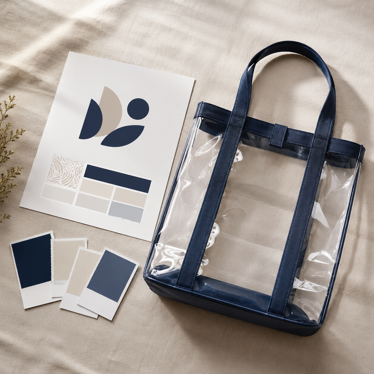 Brand sheet with logo and color swatches beside a clear tote bag