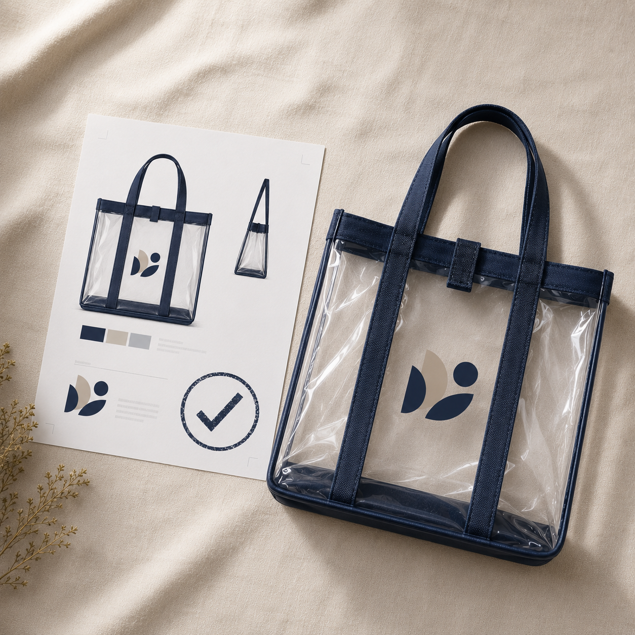 Clear tote bag next to an approved proof page with checkmark