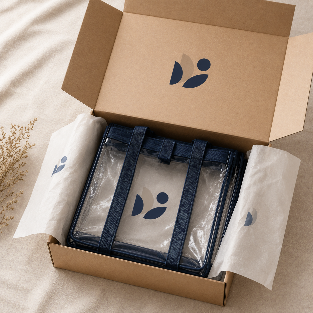 Shipping box packed with clear tote bags