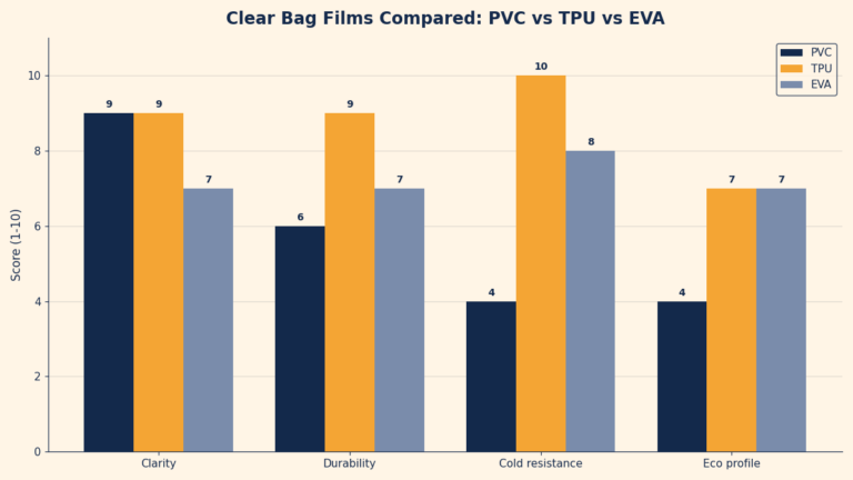 Bar chart comparing PVC, TPU, and EVA clear bag films on clarity, durability, cold resistance, and eco profile, scored 1 to 10