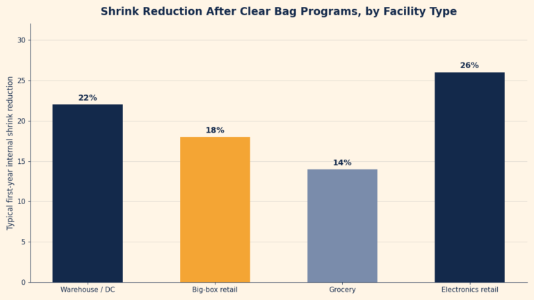 Bar chart showing typical first-year reduction in internal shrink after clear bag programs across warehouse, big-box retail, grocery, and electronics retail settings